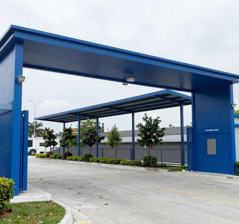 A blue modern industrial entrance gate with commercial signage and a construction yard view.