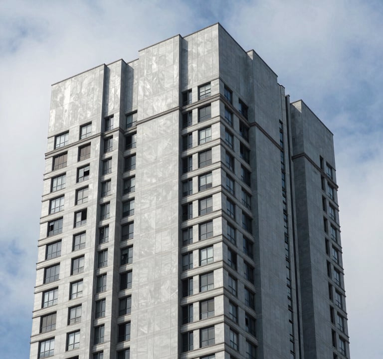 A sharp architectural photograph of a completed luxury building facade in a South American / Brazilian city, clean lines, professional composition, with Soft Steel Blue and Ice White sky tones.