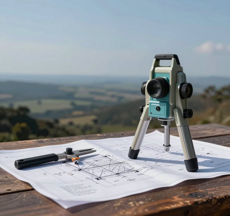 A high-end photography shot showing a vast landscape ready for development in a South American / Brazilian region, with a focus on land surveying tools and blueprints resting on a wooden table. Muted steel blue and soft slate blue tones, professional and strategic lighting.