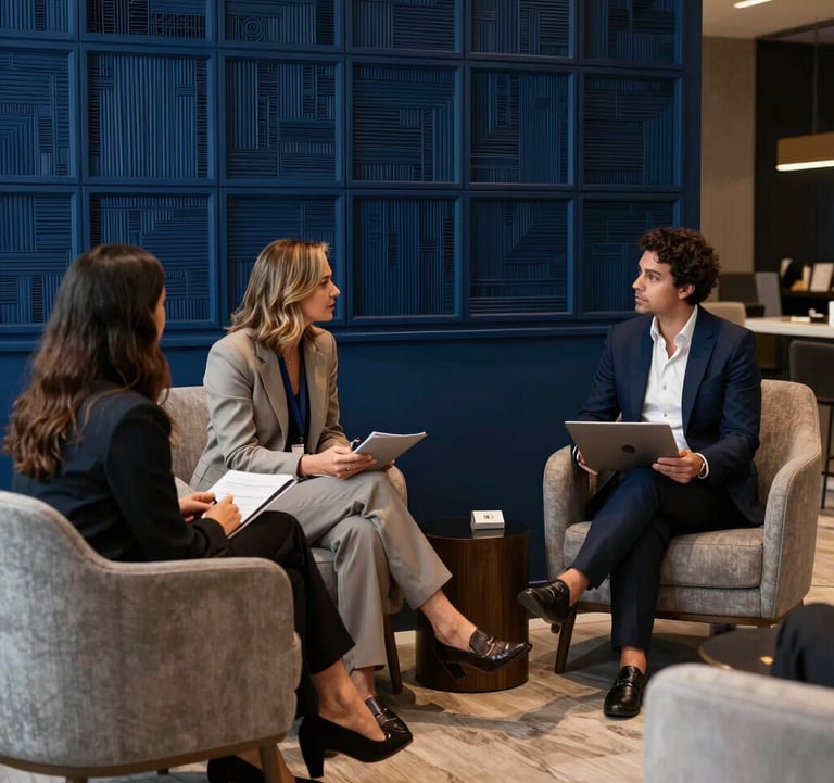 A professional interior photograph of a modern South American / Brazilian sales lounge, featuring elegant furniture, deep midnight blue decorative elements, and professionals discussing strategic plans.