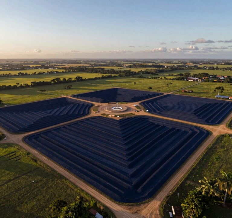 Aerial photography of a large-scale land development project in a green South American / Brazilian landscape. The lighting is golden hour, highlighting structured earthworks and strategic planning. The color palette features Deep Navy Blue shadows and Soft Steel Blue horizons.