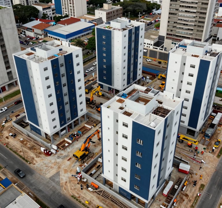 An aerial view of an active construction site for a modern residential complex in a South American / Brazilian city. The image highlights heavy machinery and structural foundations, featuring clean pearl white and deep navy blue elements. The vibe is of solid execution and industrial precision.