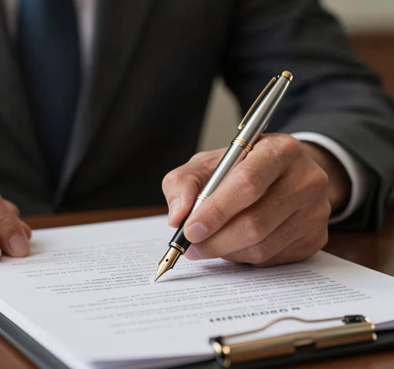 A close-up photograph of a professional business person's hand in a dark suit, holding a silver fountain pen over high-quality paper documents. The lighting is sophisticated, using gold accents. Global/International style.