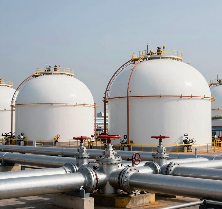 A sophisticated Liquefied Natural Gas (LNG) terminal with modern white and silver pipelines, set against a crisp, high-end industrial backdrop. Global / International.