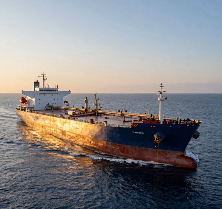 A massive crude oil tanker ship navigating calm deep blue waters at dawn, with a golden horizon reflecting the professional success of maritime trade. Global / International.