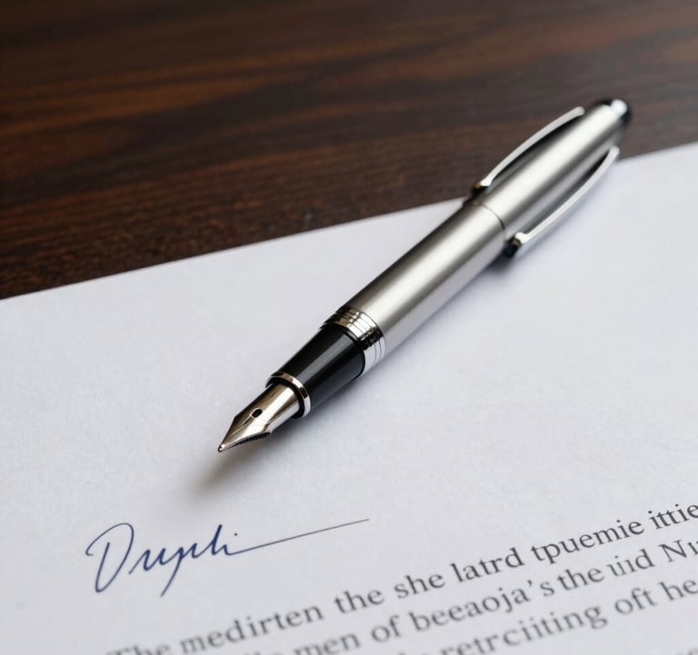 A high-angle, clean photography shot of a silver luxury pen resting on top of a signed contract. The focus is sharp on the metallic tip of the pen and the high-quality paper. The background is a dark, sophisticated wood surface. Global / International professional environment.