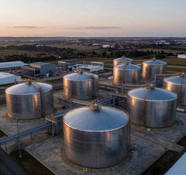 An aerial professional view of a refined fuels storage facility at dawn. The metal tanks reflect soft silver light against a dark landscape, creating a clean, high-end industrial aesthetic. Global/International context.