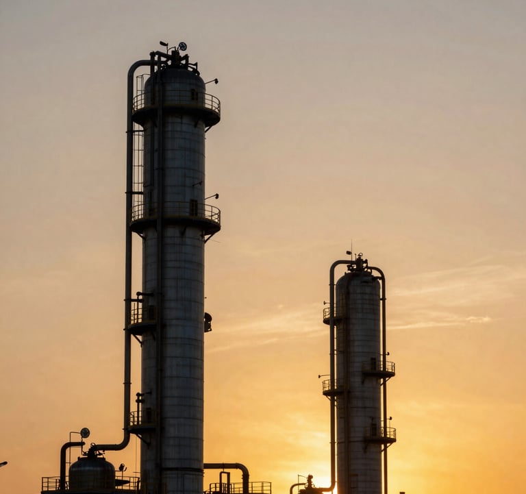 A clean, modern photograph of an oil refinery refinery distillation tower silhouette against a deep gold sunset sky. The style is sharp, professional, and authoritative. Global/International energy scene.