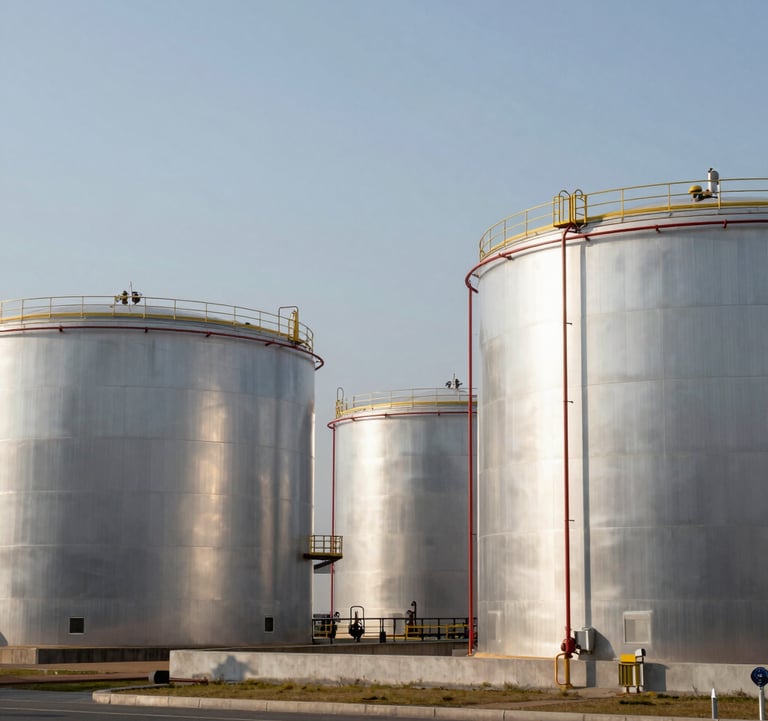 Sleek, industrial petroleum storage tanks at a modern terminal under a bright silver sky, reflecting a clean, organized, and sophisticated operation. Global / International.