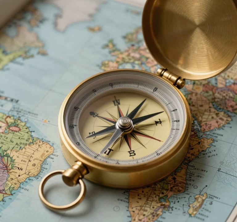 A sharp, detailed macro photograph of a gold-rimmed nautical compass resting on a world atlas. The focus is on the precision instruments used for global navigation. Global / International.