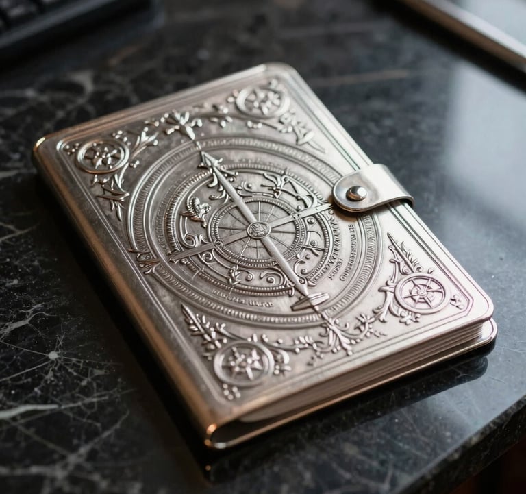 A close-up, high-end photograph of a silver embossed legal folder sitting on a polished black marble desk. The lighting is dramatic and focused, highlighting the metallic texture and the premium quality of the stationery. Global / International context.