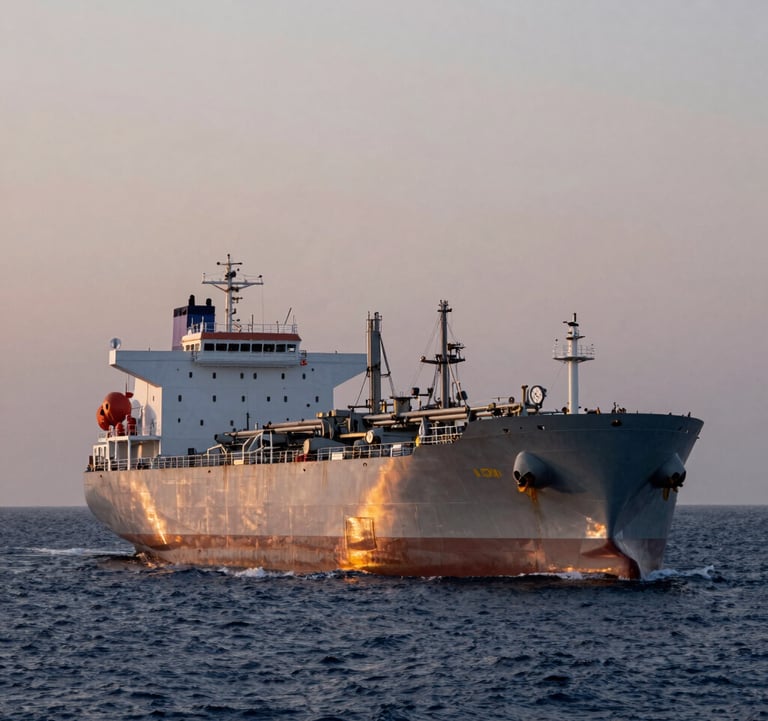 A professional photograph of a massive petroleum tanker ship on the open ocean at dusk, its silver hull reflecting the fading light. The composition is expansive and powerful. Global / International.