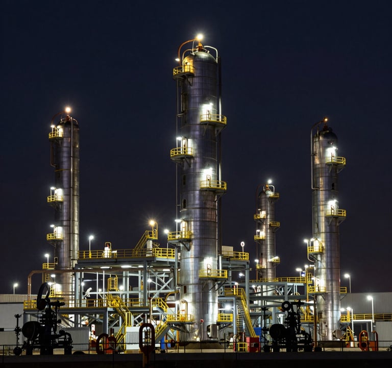 A professional photography shot of an industrial oil refinery at twilight, captured with a soft focus that emphasizes the glowing silver lights and geometric structures against a deep black sky. The style is authoritative and sophisticated. Global / International setting.
