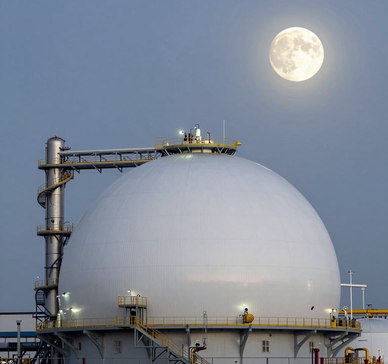 A high-end architectural photograph of a modern LNG terminal under a silver moonlit sky, showcasing clean industrial lines and professional lighting to evoke trust and technological superiority. Global / International.