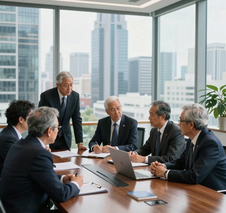 A group of senior business executives in dark suits discussing energy contracts in a sunlit, high-rise boardroom overlooking a modern cityscape. Global / International.