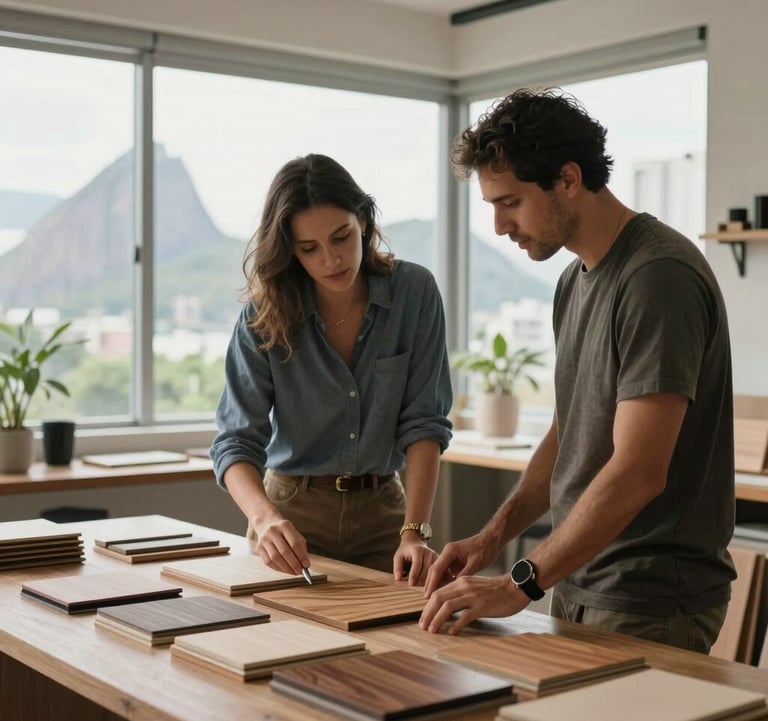 A lifestyle shot of an architect and a client reviewing wood samples in a professional Rio de Janeiro studio. Large windows show a hint of city greenery. Soft, natural light.