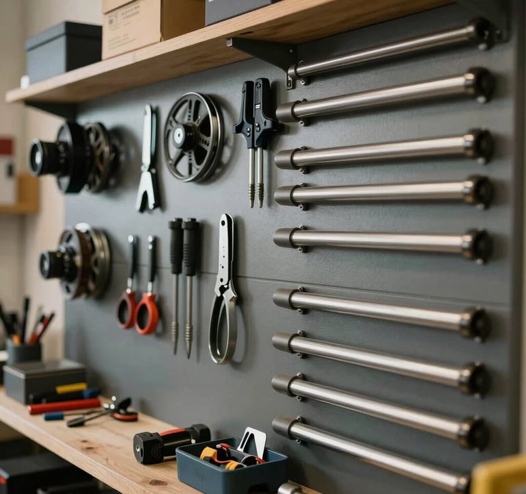 Detailed shot of a beautifully organized tool wall in the Pausk workshop. The focus is on precision and order, reflecting the company's commitment to professional excellence.
