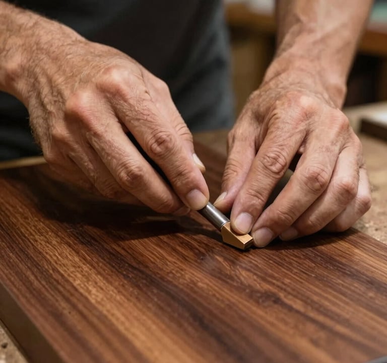 Close-up of a skilled artisan's hands in a Brazilian workshop, carefully polishing a rich dark brown wooden surface. The lighting is soft and natural, emphasizing the professional quality of the woodwork.