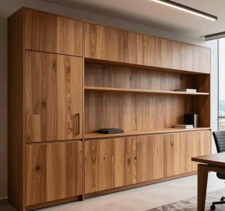 Elegant contemporary office interior in Rio de Janeiro featuring bespoke light brown wooden cabinetry and shelving. The design is sleek, functional, and radiates professional sophistication.