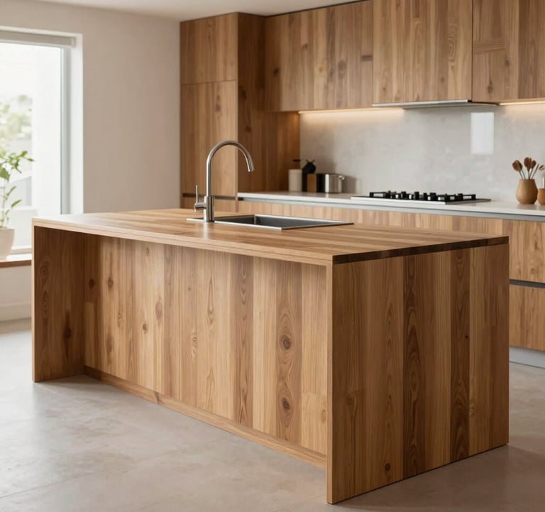 Clean, bright photography of a custom-designed kitchen island made of premium light brown wood, set in a modern Brazilian apartment. The style is minimalist and elegant.