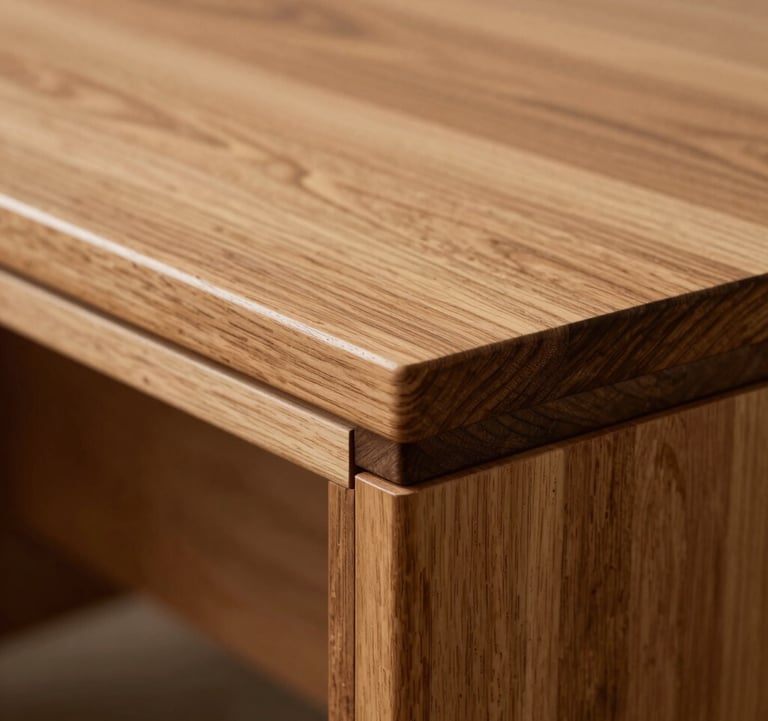 Macro shot of high-quality wood joinery detail on a custom-made desk. The finish is flawless, showing the expertise of Brazilian craftsmanship. Colors feature warm beige and deep brown tones.