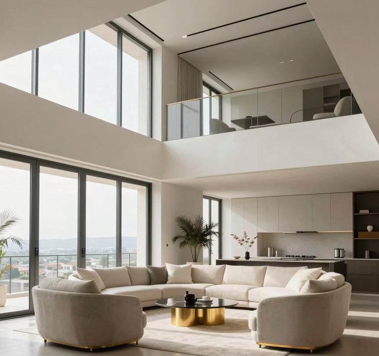 A luxury penthouse interior with high ceilings and minimalist decor. Features a neutral color palette of cream white and grey, with gold accents in the furniture. Bright natural light through floor-to-ceiling windows. Spanish-speaking / Iberian Peninsula context.