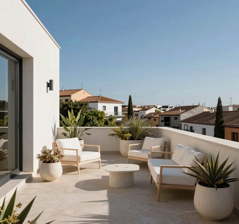 Exterior shot of a private terrace overlooking an exclusive neighborhood in Madrid. The scene features minimalist outdoor furniture, white cream planters with local flora, and a clear blue sky. Professional, high-end photography.