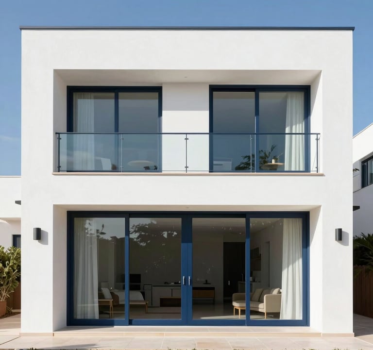 Exterior facade of a modern white villa with large windows and navy blue metallic framing. Bright sunny day in a Spanish-speaking region. The composition is clean and minimalist.