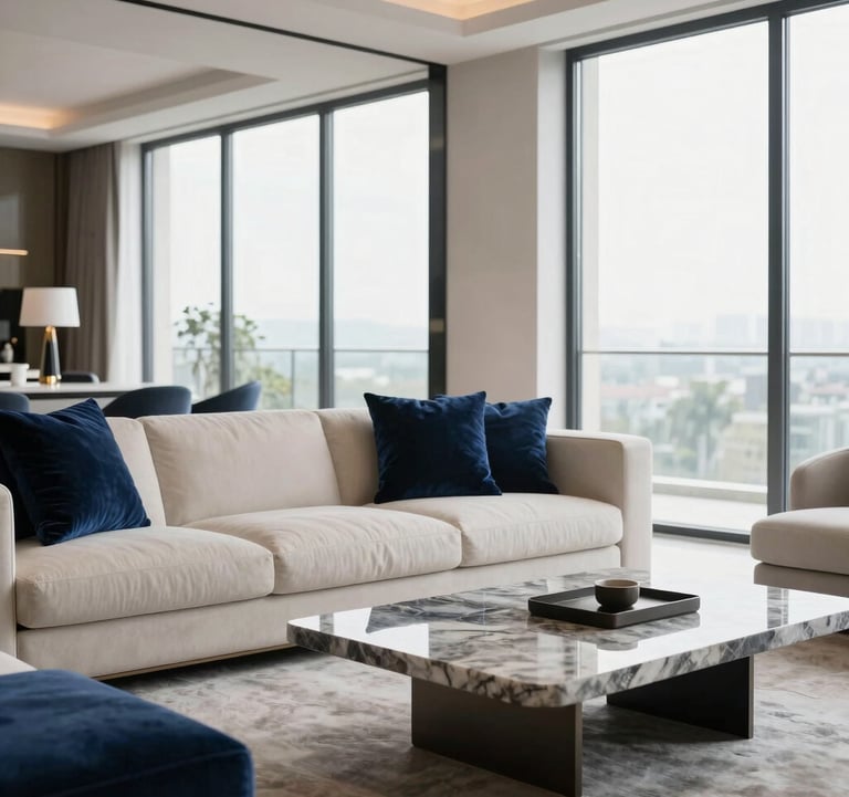A photograph of a luxury living room featuring floor-to-ceiling windows, navy blue velvet cushions on a cream sofa, and a gray marble coffee table. Minimalist decor, bright natural light, luxury real estate style.