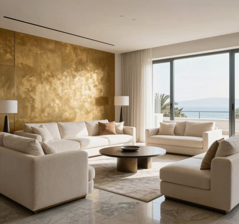 Interior photography of a bright, minimalist luxury living room in a Mediterranean penthouse. Featuring cream furniture, polished grey stone floors, and a golden accent wall. Spanish-speaking / Iberian Peninsula context. Natural soft morning light.