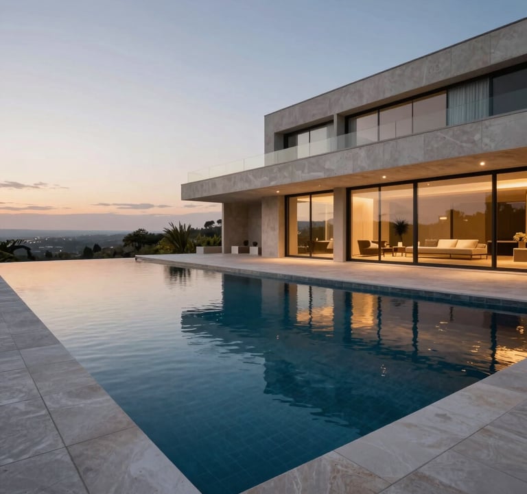 An wide-angle exterior shot of a contemporary infinity pool at dusk, part of a premium estate in the Iberian Peninsula. The pool water is a deep navy blue, reflecting the gold and grey tones of the architecture. Clean lines and exclusive atmosphere.