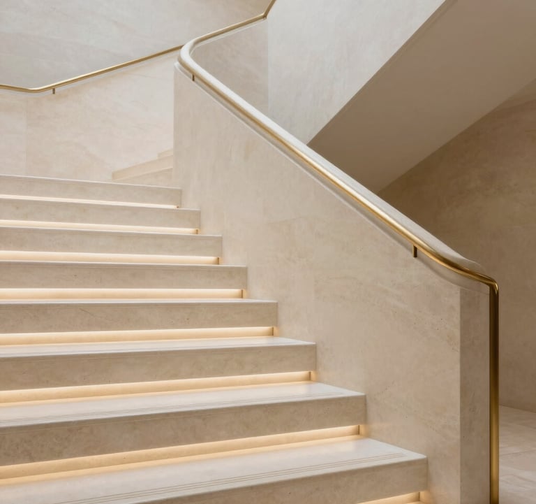 Close-up detail of high-end interior architecture: a minimalist staircase made of cream stone with integrated LED lighting and gold railings. Professional architectural photography, clean and exclusive feel.