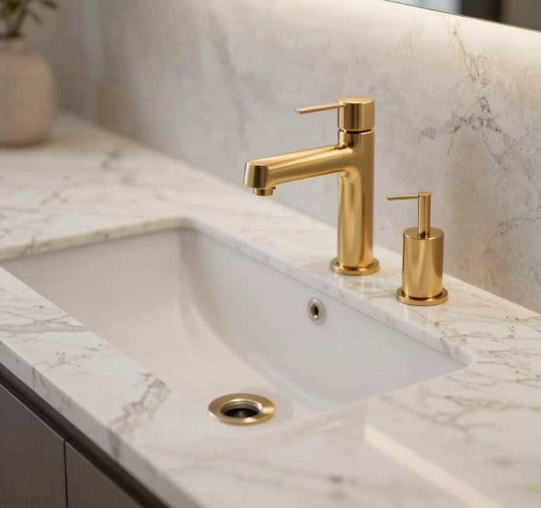 Close-up of premium materials in a modern Spanish property: white cream marble countertops and minimalist gold fixtures. The lighting is soft and elegant, emphasizing quality and financial solidity. Professional real estate photography.