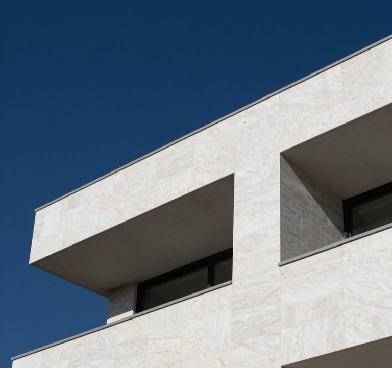 Modern architecture details of a luxury residence. Sharp angles of white stone against a navy blue sky. Professional minimalist photography focusing on the quality of materials and design.