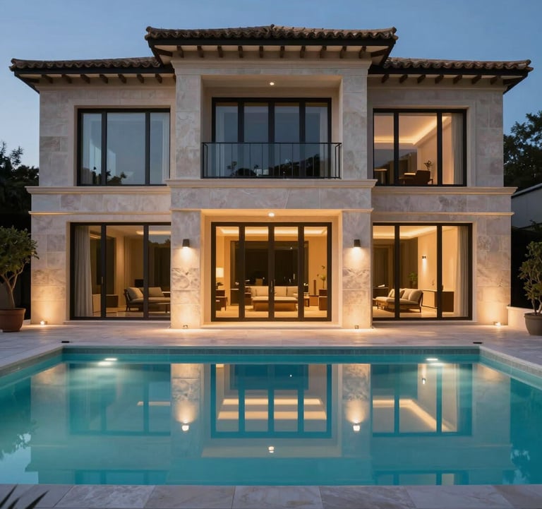 An exterior evening shot of a modern villa facade with illuminated pool, showing high-end architectural symmetry and premium materials like stone and dark glass. Luxury lifestyle photography, Iberian Peninsula.
