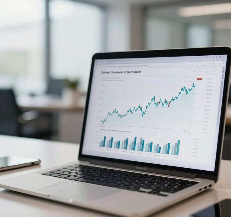 A close-up shot of a modern laptop screen displaying clean financial performance charts on a sleek desk in a bright corporate office in Germany. Professional and motivating atmosphere.