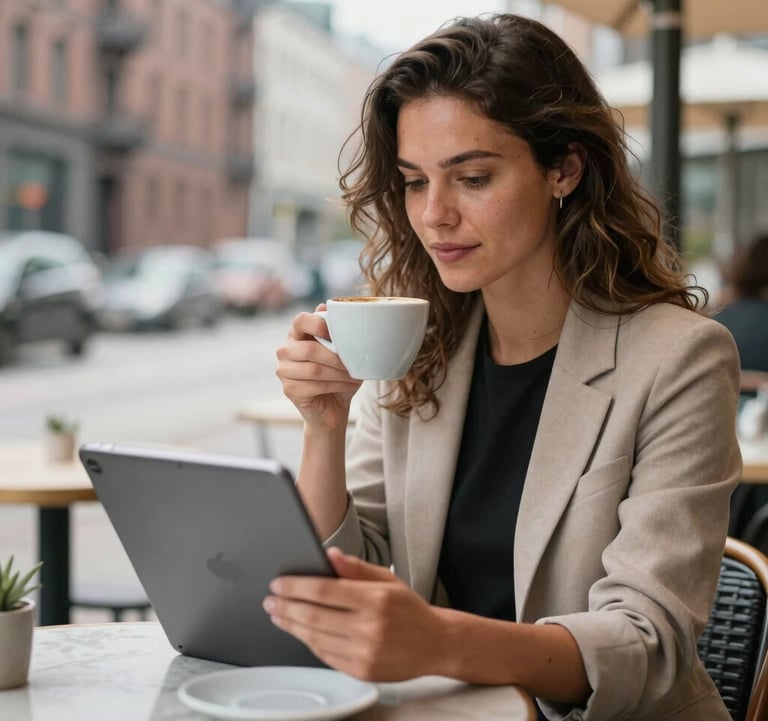 Beautiful outdoor shot of a modern, stylish entrepreneur sitting in a bright café in Hamburg, Germany, working on a tablet with a cup of espresso. Relaxed but professional atmosphere, capturing financial freedom and flexible lifestyle.