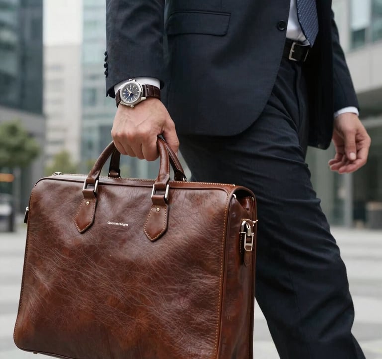 Close-up of a stylish elegant wrist watch on a professional holding a leather briefcase, walking in a modern business district in Central Europe.