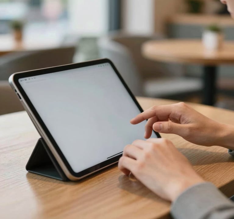 A close-up of a person typing on a modern tablet in a bright, stylish Central European cafe, representing the flexibility of online work, soft modern aesthetic.