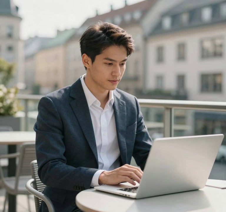 A confident professional in business casual attire sitting on a bright modern terrace in a Central European city, working on a clean laptop and looking relaxed. Soft natural morning light, realistic photography style.