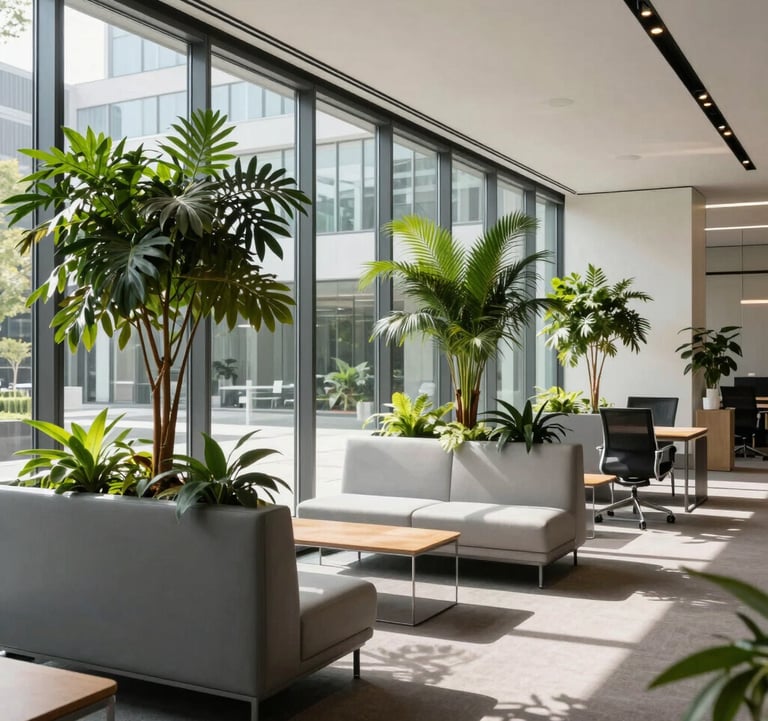 A beautiful bright modern office interior in Munich or Zurich, featuring large glass windows, green indoor plants, sleek minimalist furniture, professional setting.