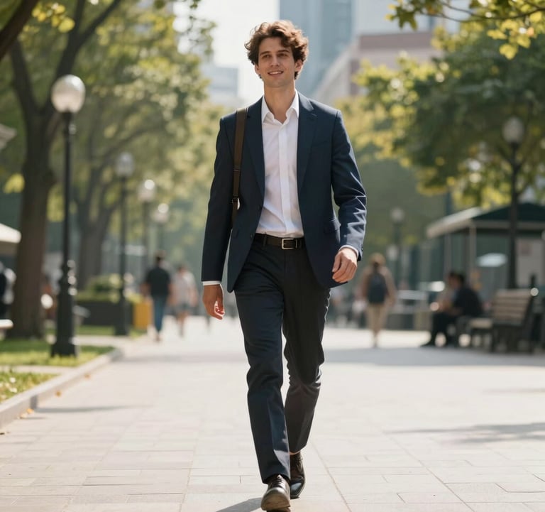 An optimistic Central European person walking through a bright, sunlit city park, representing personal freedom and peace of mind. Professional corporate photography.