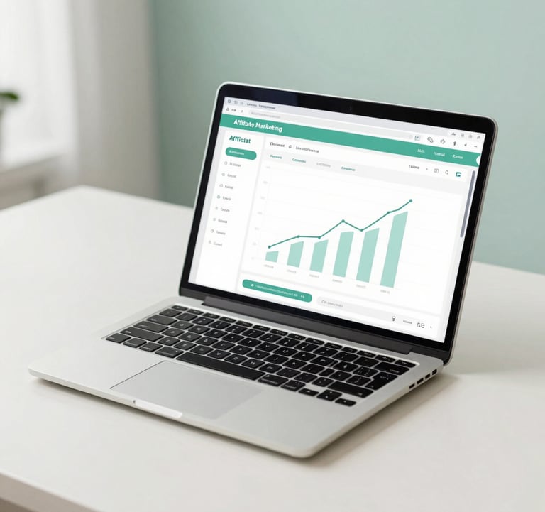 An elegant, minimalist desk setup with a modern laptop showing an affiliate marketing dashboard with rising graphs, soft natural light, Central European style, professional and trusting feel, soft pale mint green and clean off-white tones.