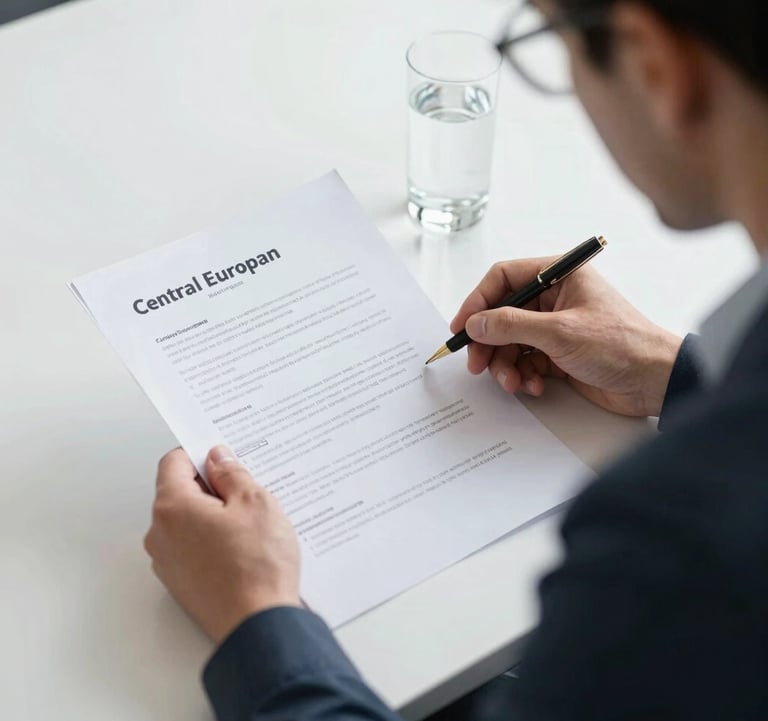 A professional entrepreneur reviewing document portfolios on a bright clean white desk, with a glass of water, corporate Central European aesthetic.