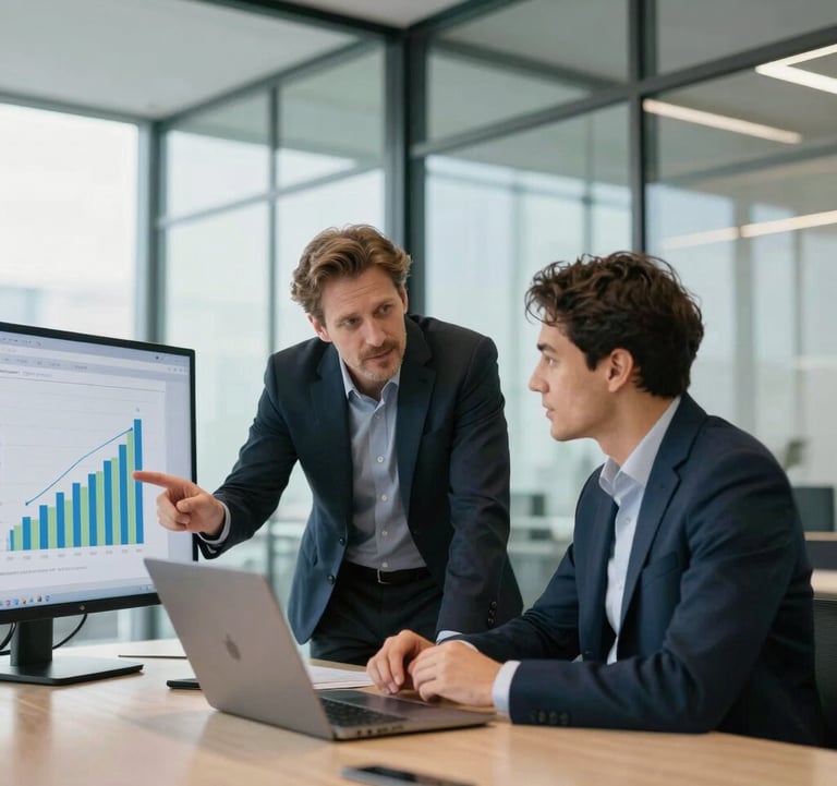 Warm, professional photography showing a business meeting in a modern glass-walled office in Berlin, Germany. A mentor and client reviewing growth metrics on a digital screen, looking optimistic. Clean composition, bright day lighting.