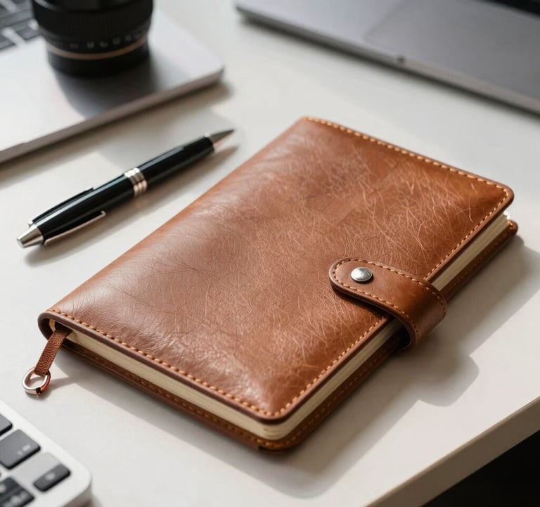 A premium leather notebook with a high-end pen on an executive desk, symbolizing structured financial planning, soft morning light, Central European style, modern corporate lifestyle.
