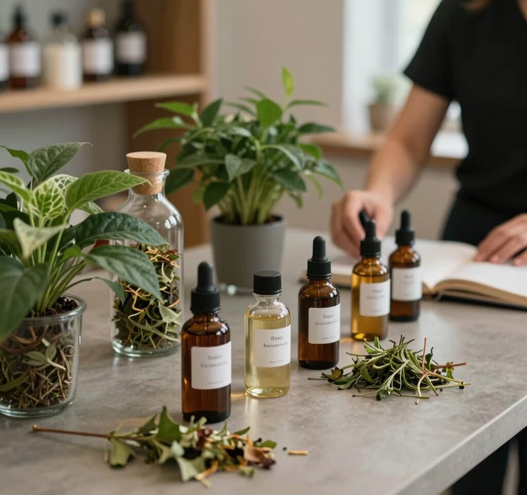 A close-up of a holistic professional's desk in a modern Western European / French wellness office, featuring glass bottles of herbal extracts and fresh dark forest green plants on a warm greige surface.