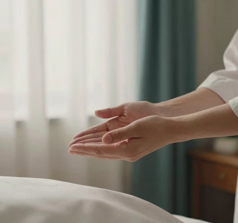 A soft-focus photography of a healing session in a Western European / French interior; a practitioner's hands hover above a client, with soft off-white curtains and muted teal accents in the background.