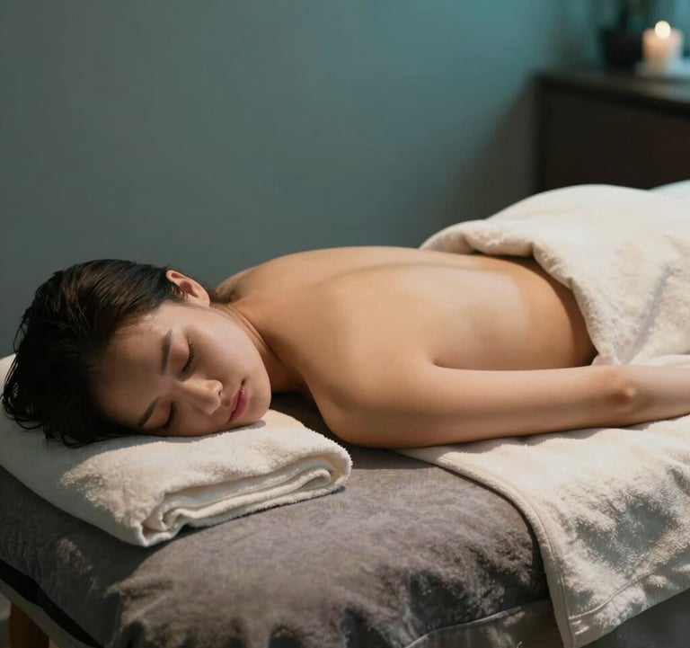 A peaceful Western European / French spa setting showing a person resting on a warm greige massage table, with soft off-white linens and muted teal lighting, focusing on the atmosphere of pure relaxation.