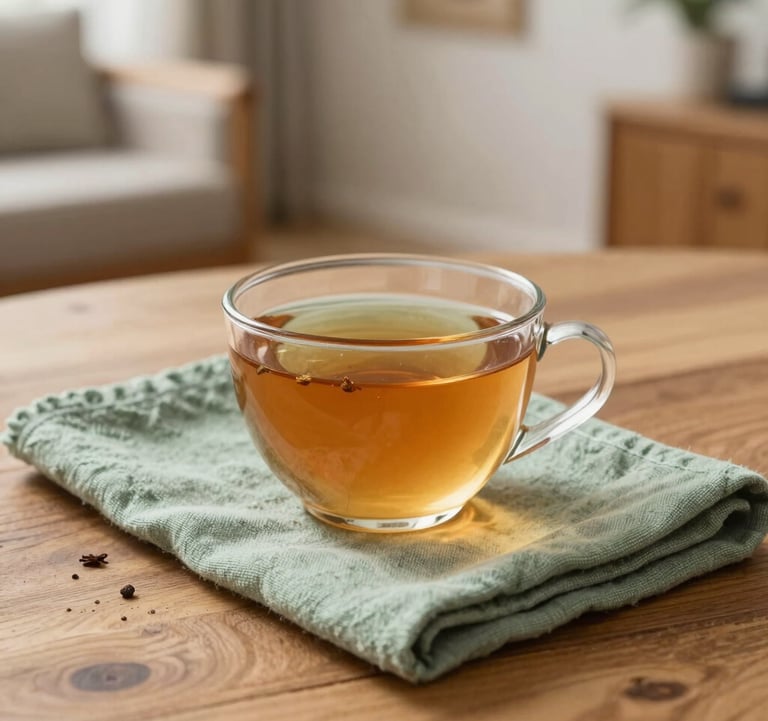 Photography of a warm cup of herbal tea resting on a wooden table next to a soft sage green linen cloth. The scene is set in a bright Western European / French living room, reflecting a peaceful lifestyle and holistic wellness.